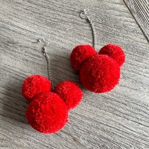 Disney Handmade Red w/ Sparkles Thread Pom Pom Mickey silhouette earrings
